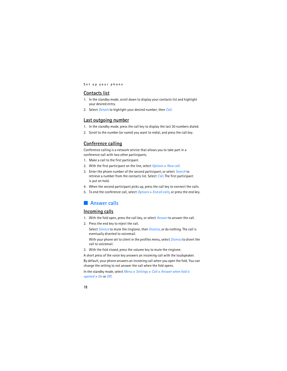 Answer calls, Contacts list, Last outgoing number | Conference calling, Incoming calls | Nokia 3155i User Manual | Page 19 / 85