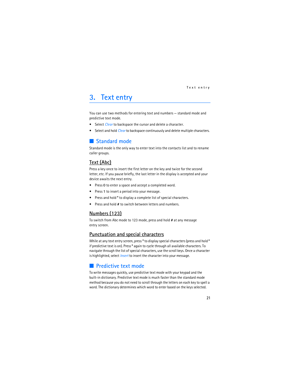 Text entry, Standard mode, Predictive text mode | Text (abc), Numbers (123), Punctuation and special characters | Nokia 3155i User Manual | Page 22 / 85