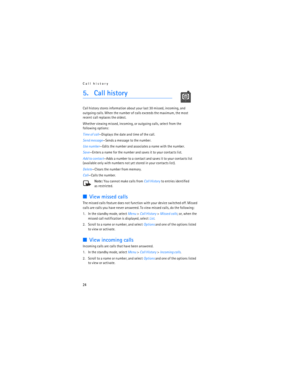 Call history, View missed calls, View incoming calls | Nokia 3155i User Manual | Page 25 / 85
