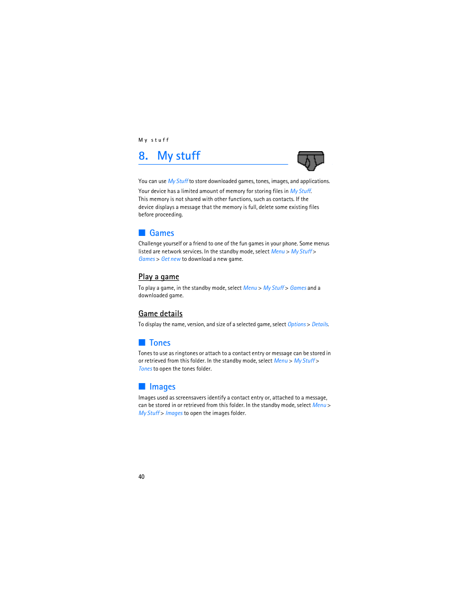 My stuff, Games, Tones | Images, Play a game, Game details | Nokia 3155i User Manual | Page 41 / 85