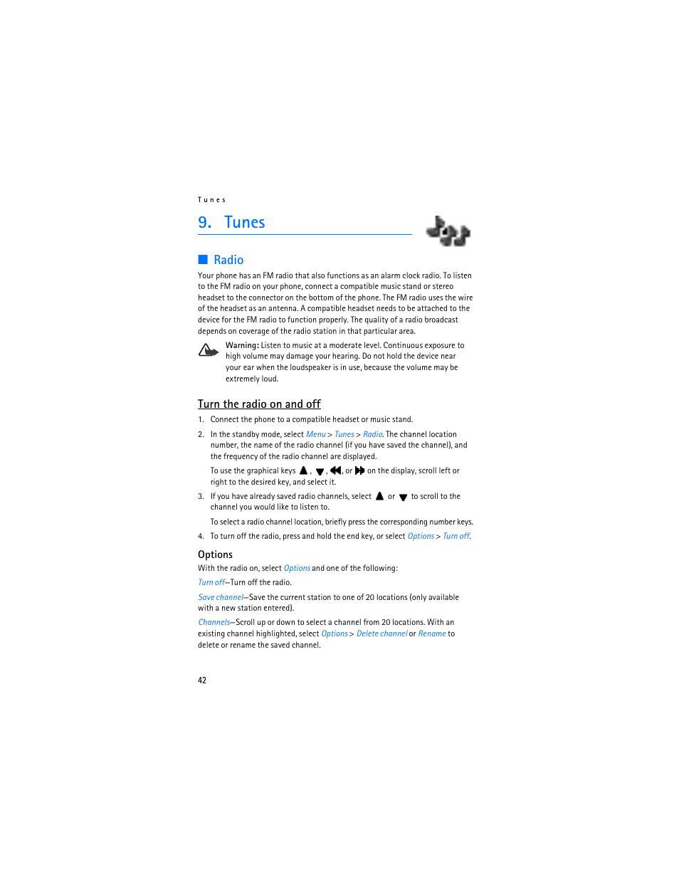 Tunes, Radio, Turn the radio on and off | Nokia 3155i User Manual | Page 43 / 85