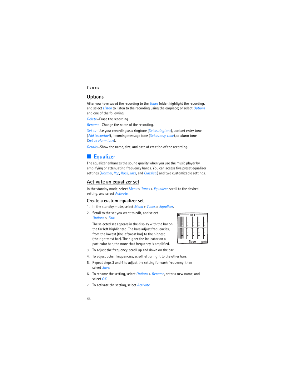 Equalizer, Options, Activate an equalizer set | Nokia 3155i User Manual | Page 45 / 85