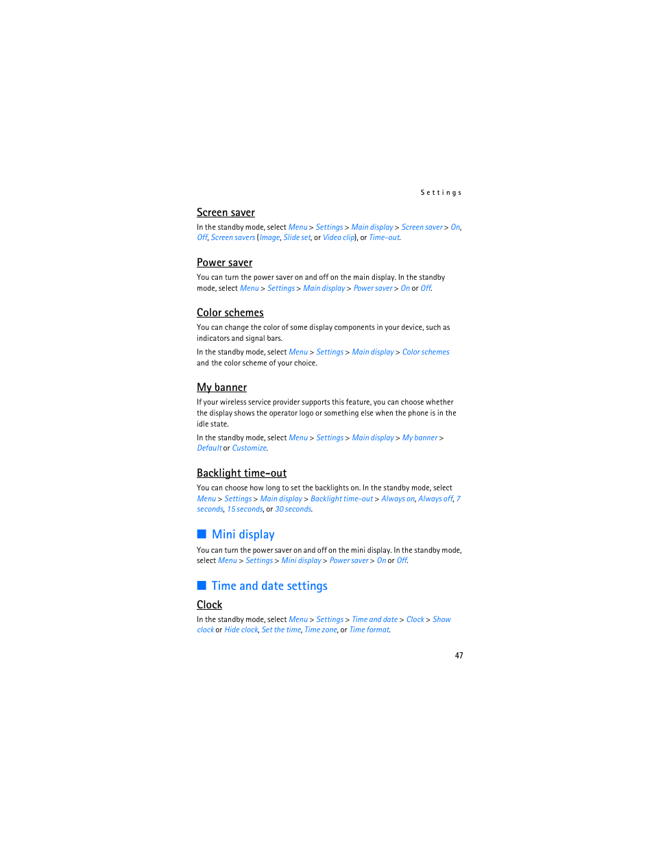 Mini display, Time and date settings, Screen saver | Power saver, Color schemes, My banner, Backlight time-out, Clock | Nokia 3155i User Manual | Page 48 / 85