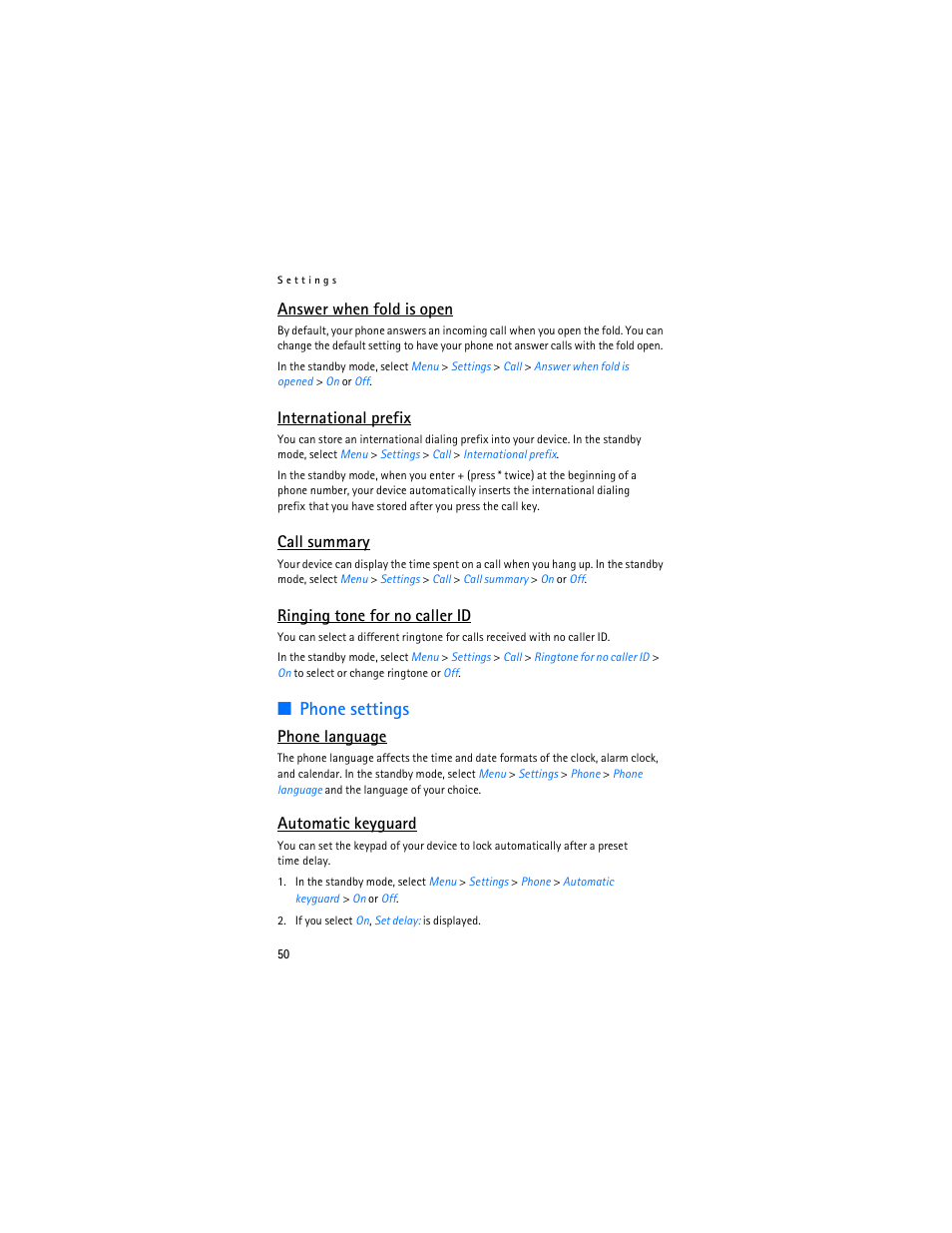 Phone settings, Answer when fold is open, International prefix | Call summary, Ringing tone for no caller id, Phone language, Automatic keyguard | Nokia 3155i User Manual | Page 51 / 85