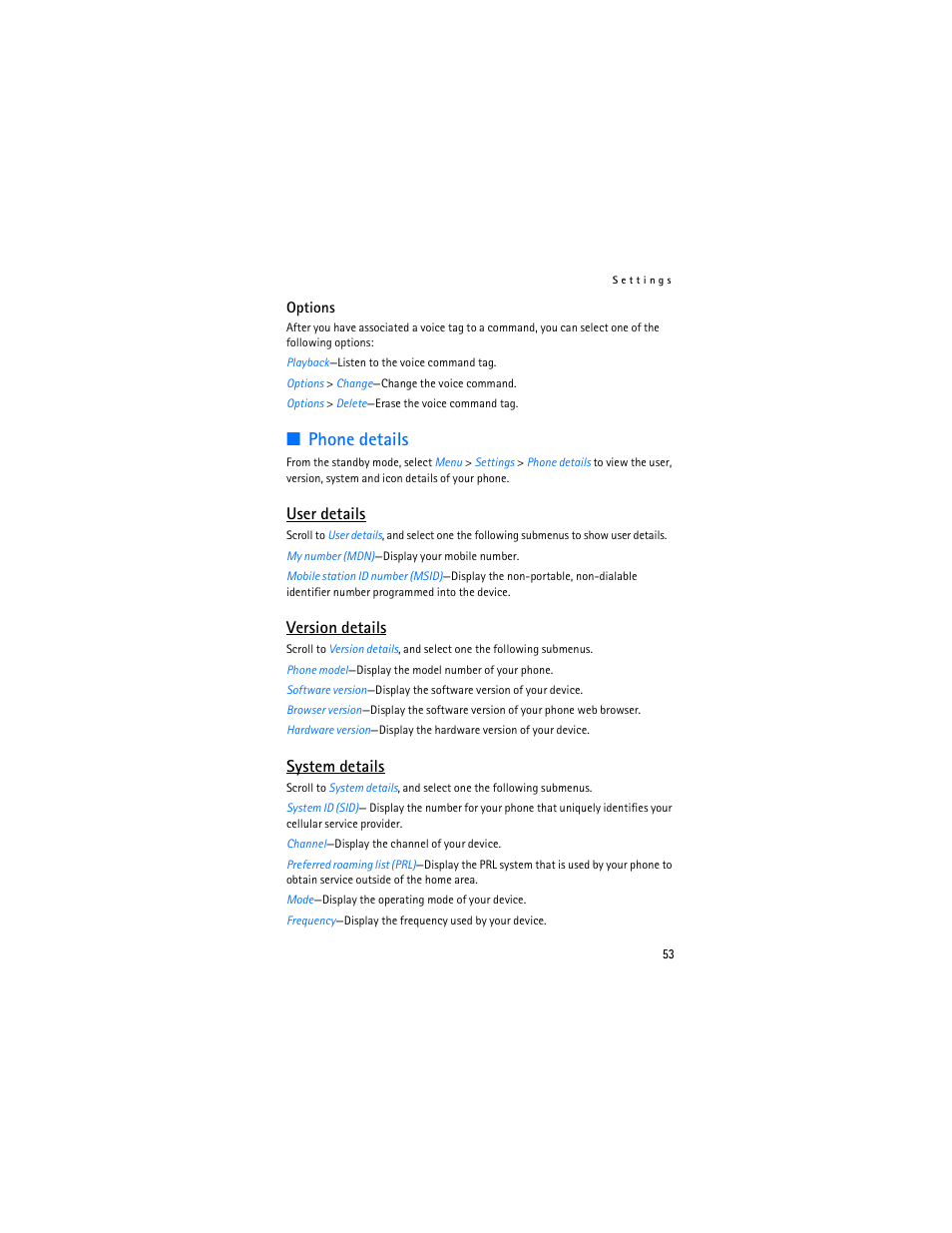 Phone details, User details, Version details | System details | Nokia 3155i User Manual | Page 54 / 85