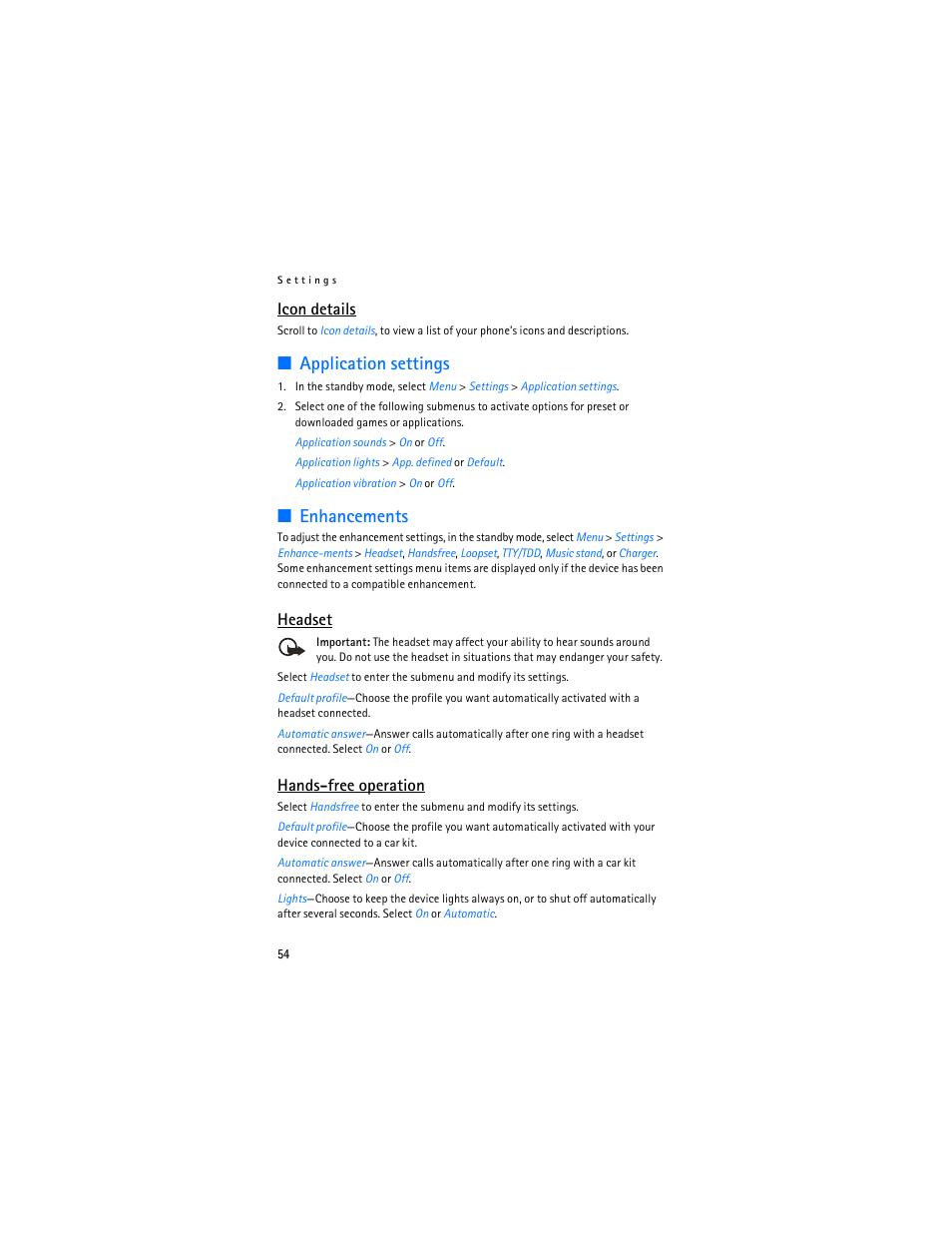 Application settings, Enhancements, Icon details | Headset, Hands-free operation | Nokia 3155i User Manual | Page 55 / 85