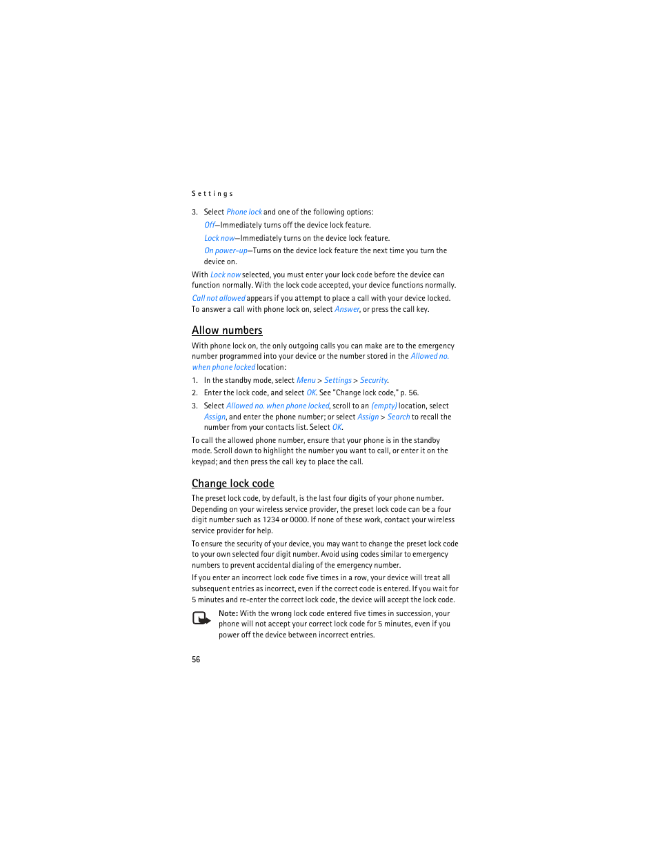 Allow numbers, Change lock code | Nokia 3155i User Manual | Page 57 / 85