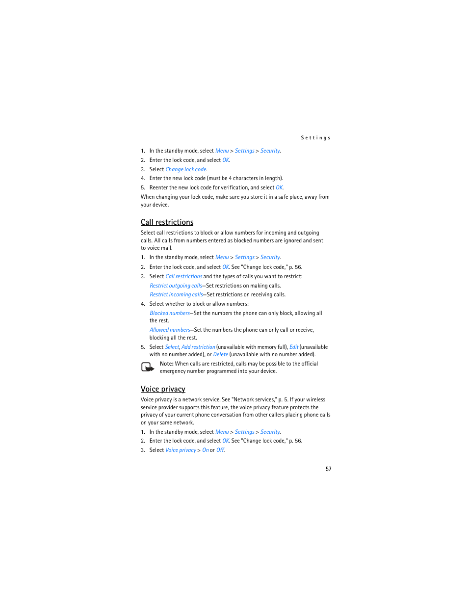 Call restrictions, Voice privacy | Nokia 3155i User Manual | Page 58 / 85