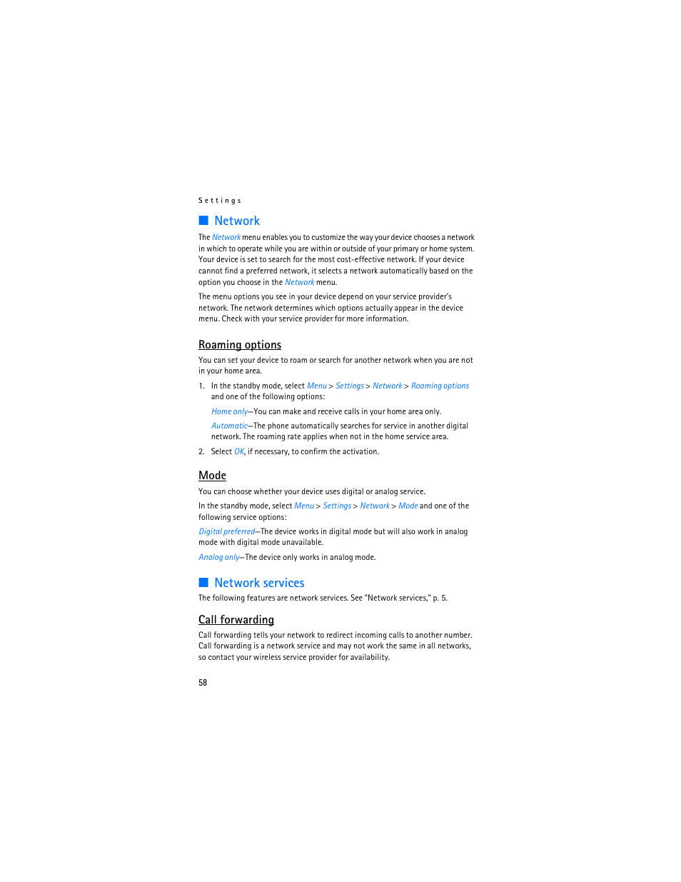 Network, Network services, Roaming options | Mode, Call forwarding | Nokia 3155i User Manual | Page 59 / 85