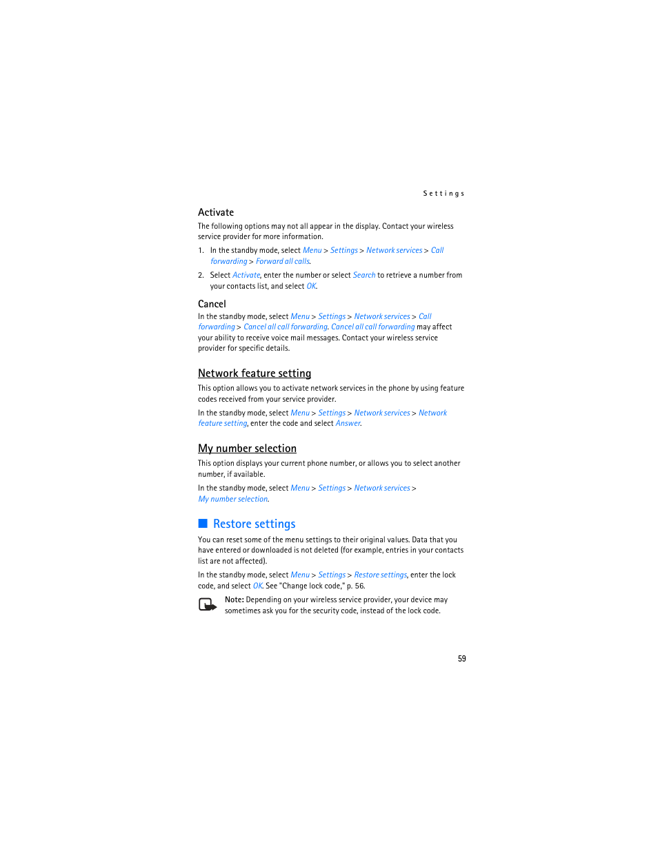 Restore settings, Network feature setting, My number selection | Nokia 3155i User Manual | Page 60 / 85