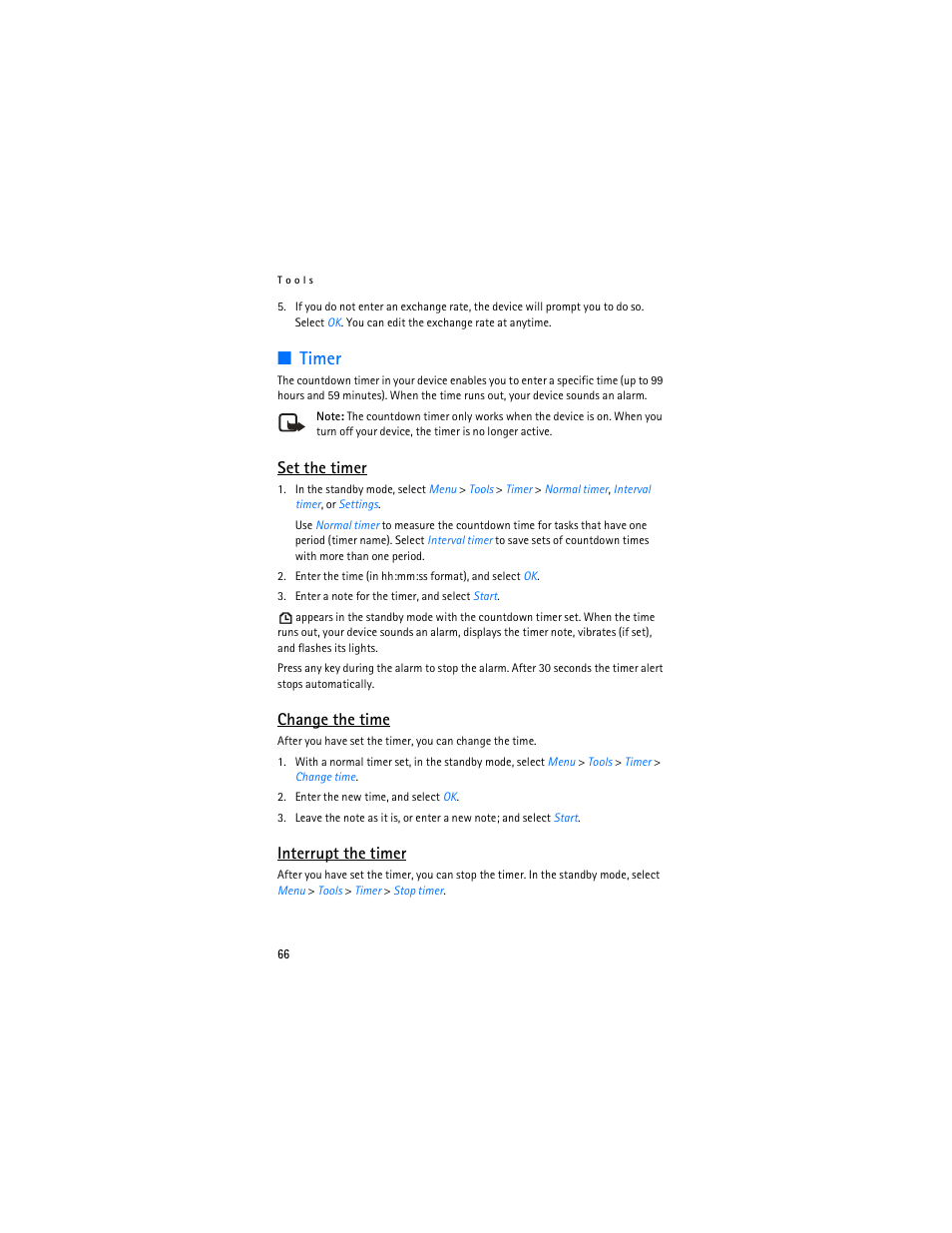 Timer, Set the timer, Change the time | Interrupt the timer | Nokia 3155i User Manual | Page 67 / 85