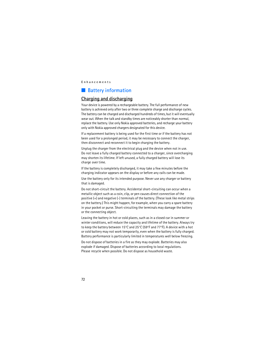 Battery information, Charging and discharging | Nokia 3155i User Manual | Page 73 / 85