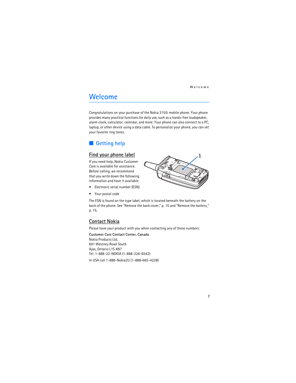 Welcome, Getting help | Nokia 3155i User Manual | Page 8 / 85