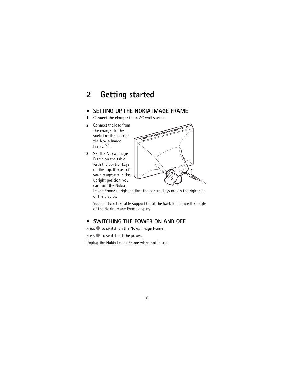 2 getting started, Setting up the nokia image frame, Switching the power on and off | 2getting started | Nokia SU-4 User Manual | Page 10 / 24