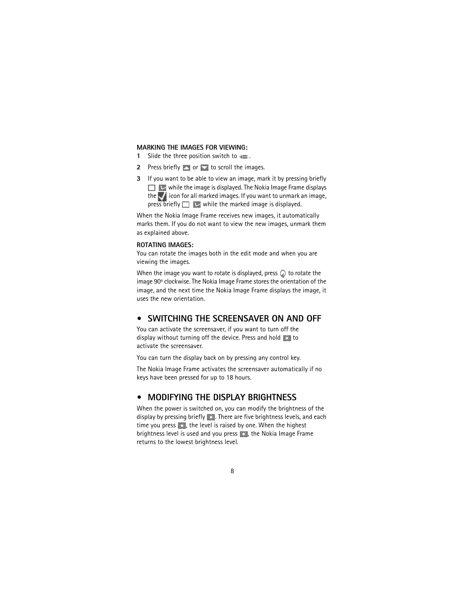 Switching the screensaver on and off, Modifying the display brightness | Nokia SU-4 User Manual | Page 12 / 24