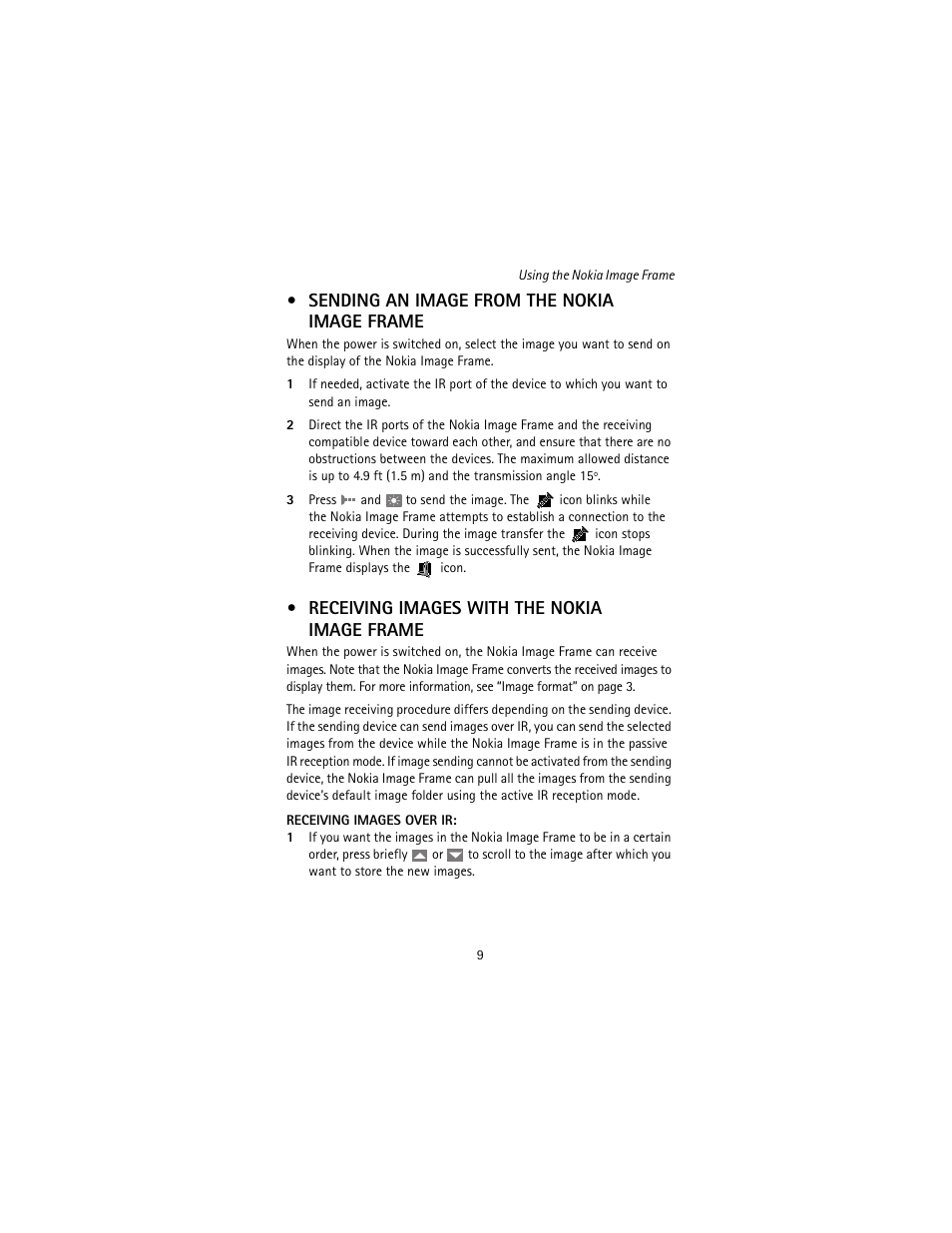Sending an image from the nokia image frame, Receiving images with the nokia image frame | Nokia SU-4 User Manual | Page 13 / 24