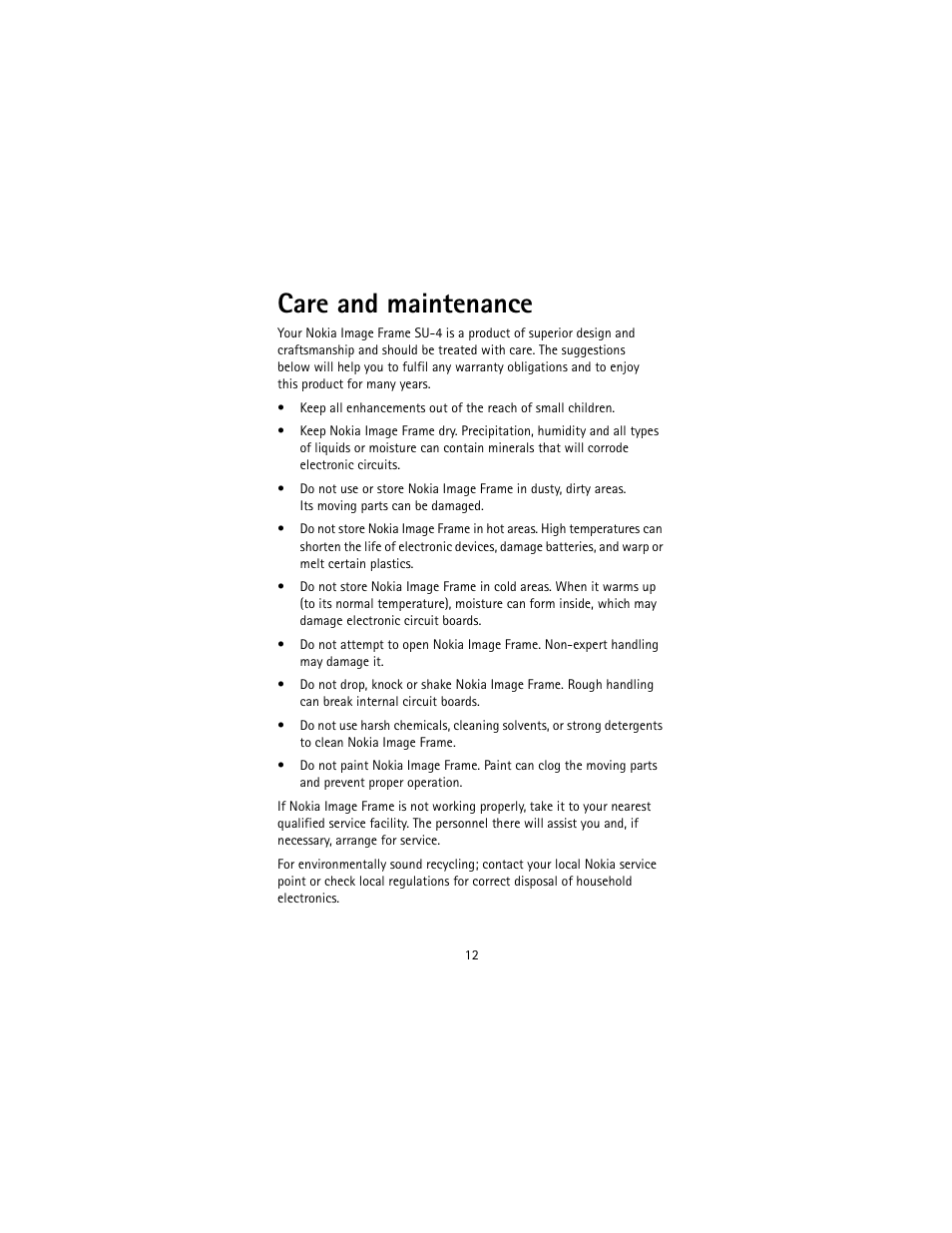 Care and maintenance | Nokia SU-4 User Manual | Page 16 / 24