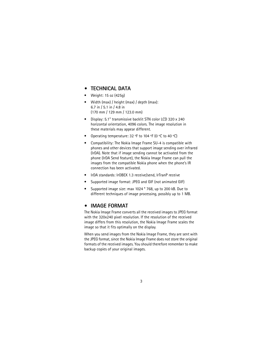 Technical data, Image format, Technical data image format | Nokia SU-4 User Manual | Page 7 / 24