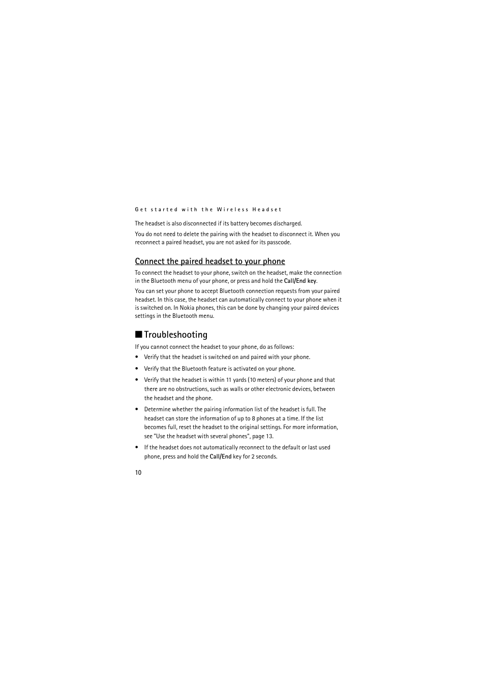 Connect the paired headset to your phone, Troubleshooting | Nokia (HS-11W) User Manual | Page 10 / 84