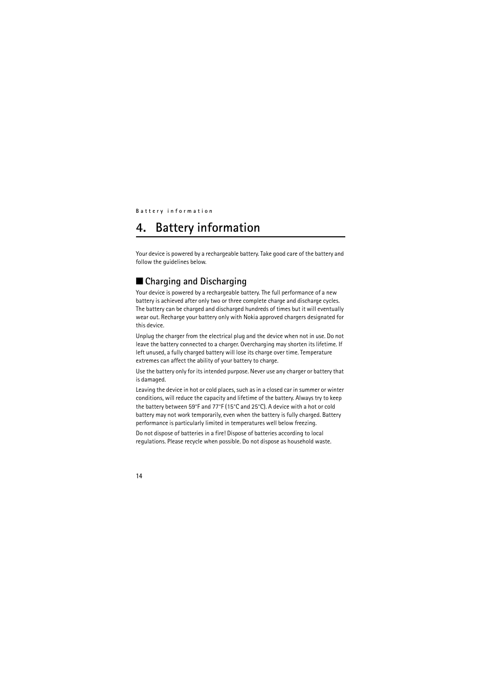 Battery information, Charging and discharging, Battery information charging and discharging | Nokia (HS-11W) User Manual | Page 14 / 84