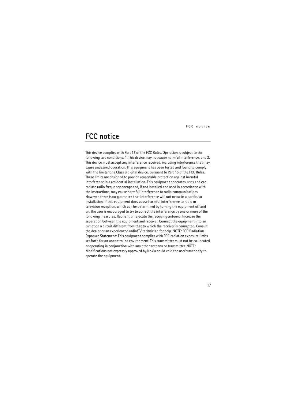 Fcc notice | Nokia (HS-11W) User Manual | Page 17 / 84