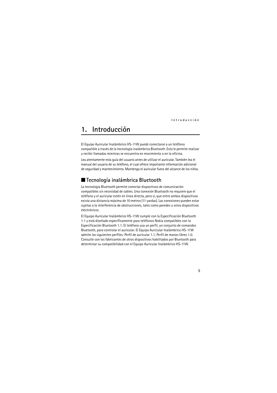 Introducción, Tecnología inalámbrica bluetooth, Introducción tecnología inalámbrica bluetooth | Nokia (HS-11W) User Manual | Page 25 / 84