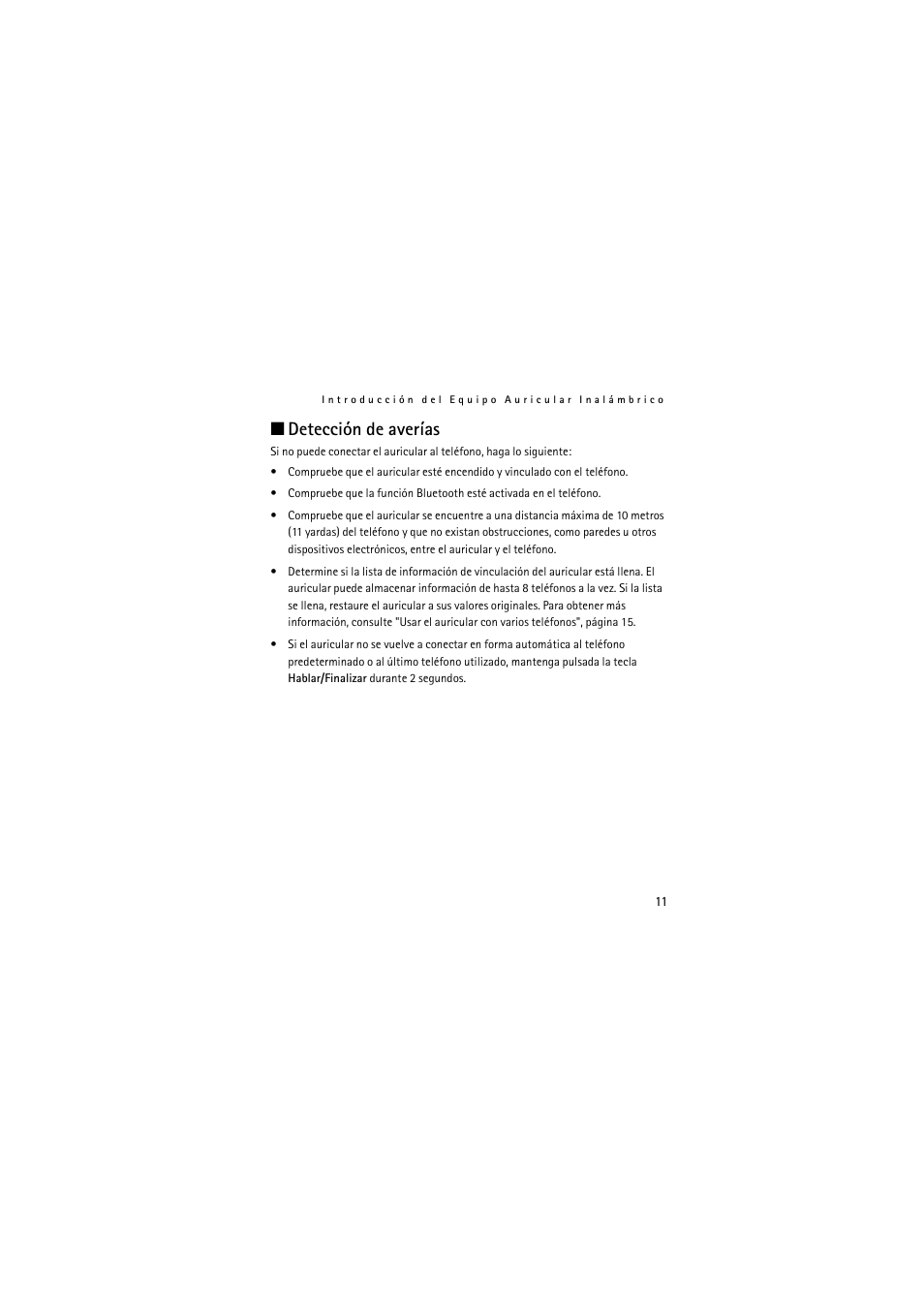 Detección de averías | Nokia (HS-11W) User Manual | Page 31 / 84