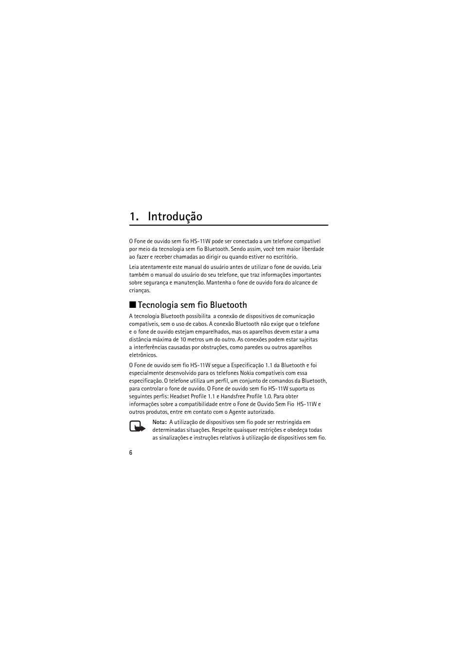 Introdução, Tecnologia sem fio bluetooth | Nokia (HS-11W) User Manual | Page 46 / 84