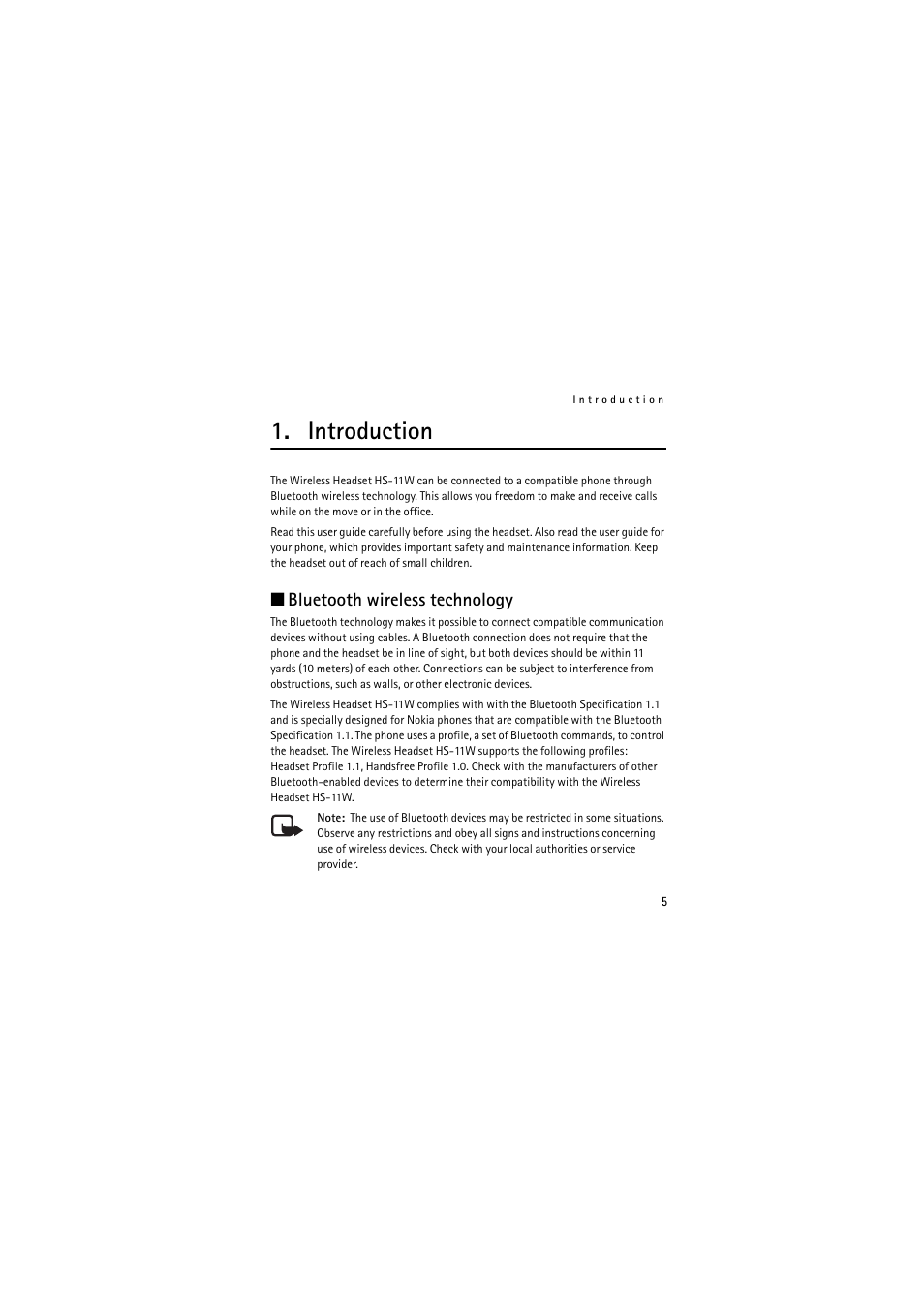 Introduction, Bluetooth wireless technology, Introduction bluetooth wireless technology | Nokia (HS-11W) User Manual | Page 5 / 84