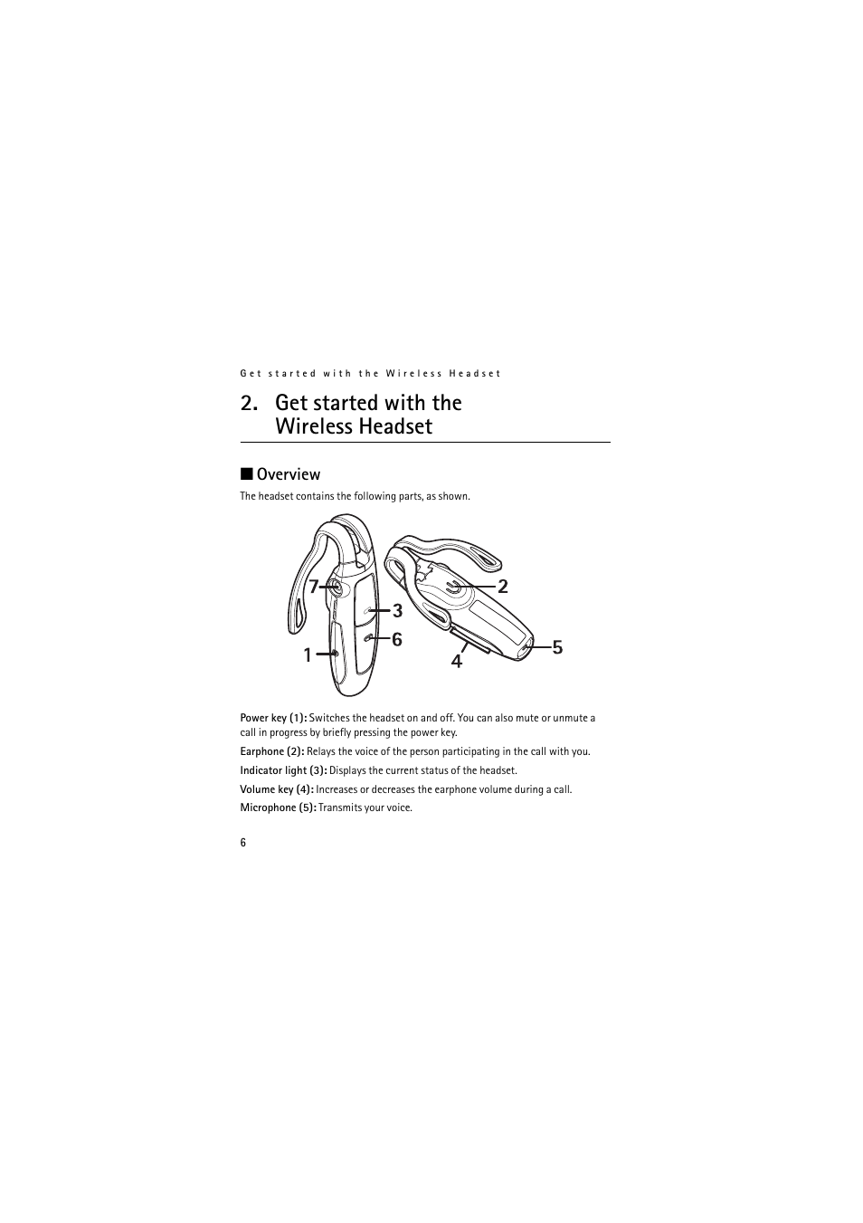 Get started with the wireless headset, Overview, Get started with the wireless headset overview | Nokia (HS-11W) User Manual | Page 6 / 84