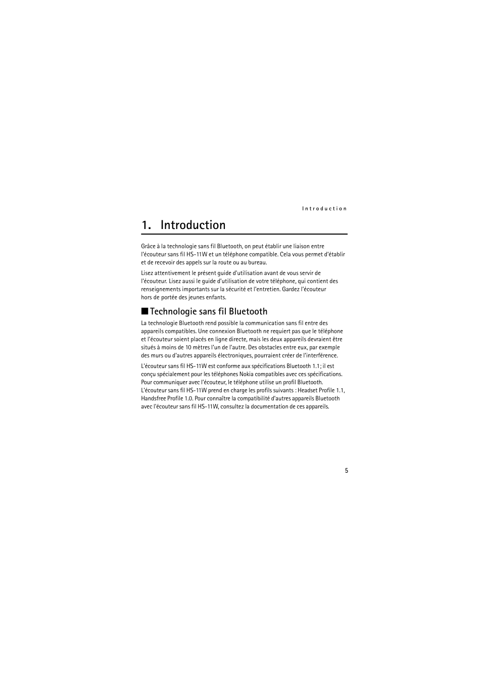 Introduction, Technologie sans fil bluetooth | Nokia (HS-11W) User Manual | Page 65 / 84