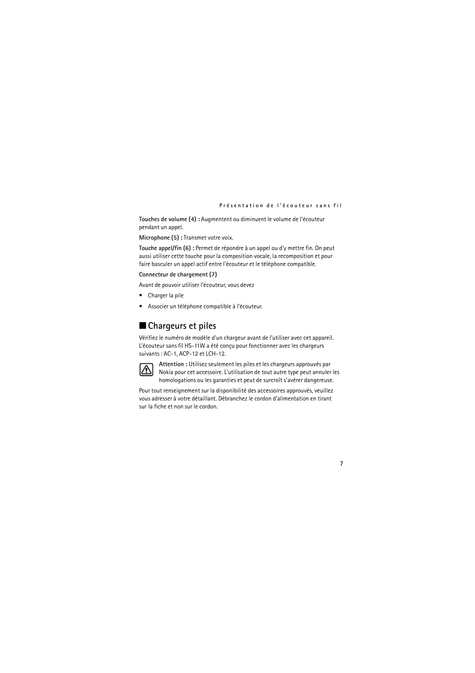 Chargeurs et piles | Nokia (HS-11W) User Manual | Page 67 / 84