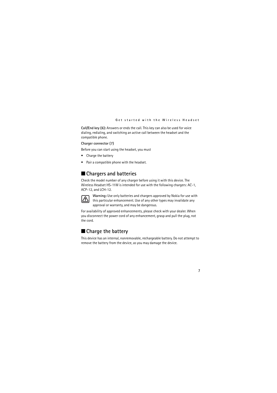 Chargers and batteries, Charge the battery, Chargers and batteries charge the battery | Nokia (HS-11W) User Manual | Page 7 / 84