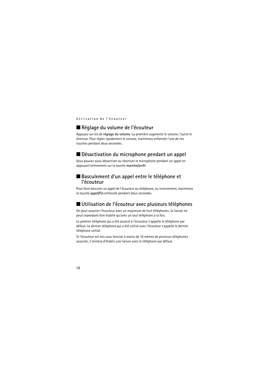 Réglage du volume de l’écouteur, Désactivation du microphone pendant un appel | Nokia (HS-11W) User Manual | Page 74 / 84