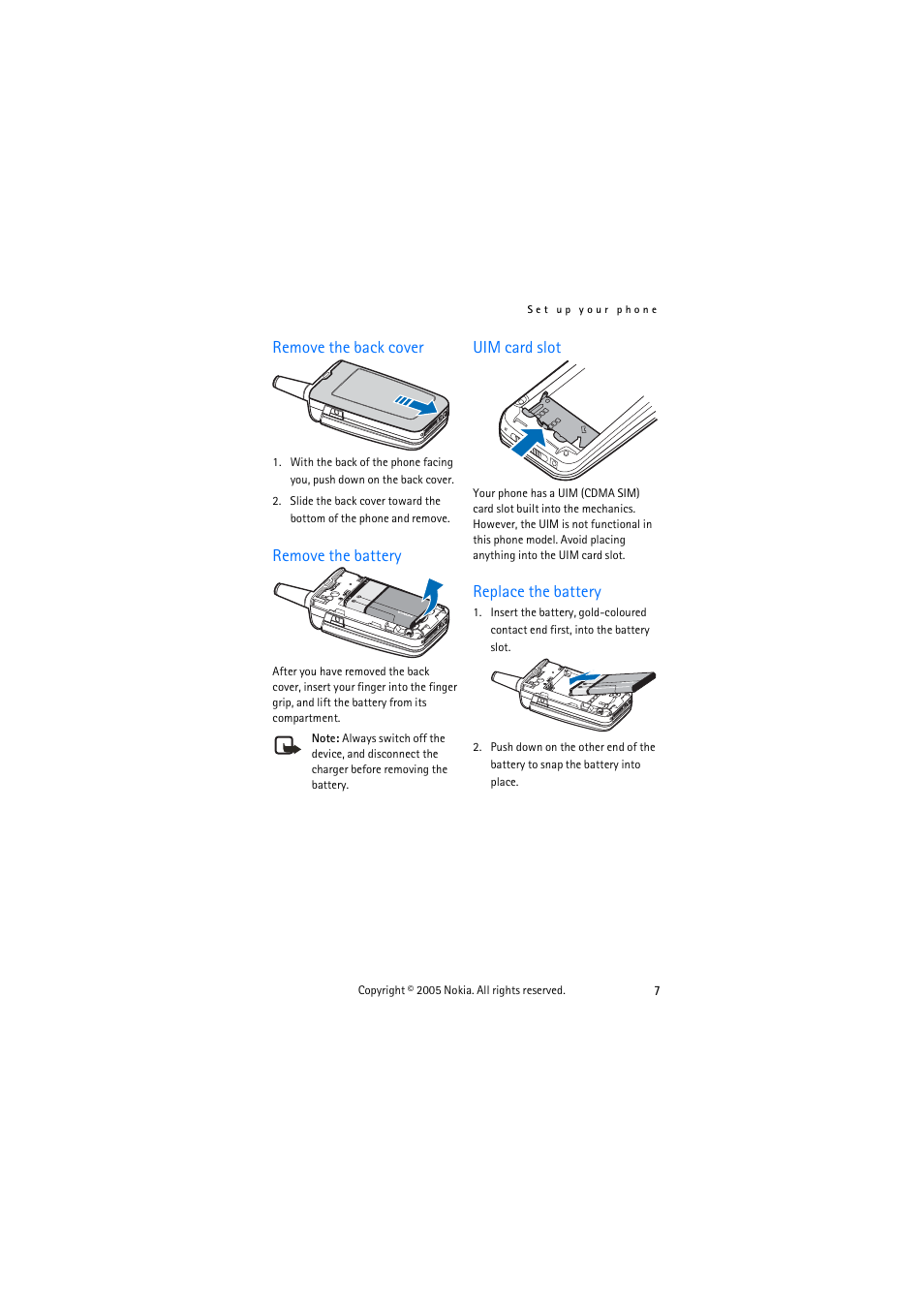 Remove the back cover, Remove the battery, Uim card slot | Replace the battery | Nokia 3155 User Manual | Page 15 / 95