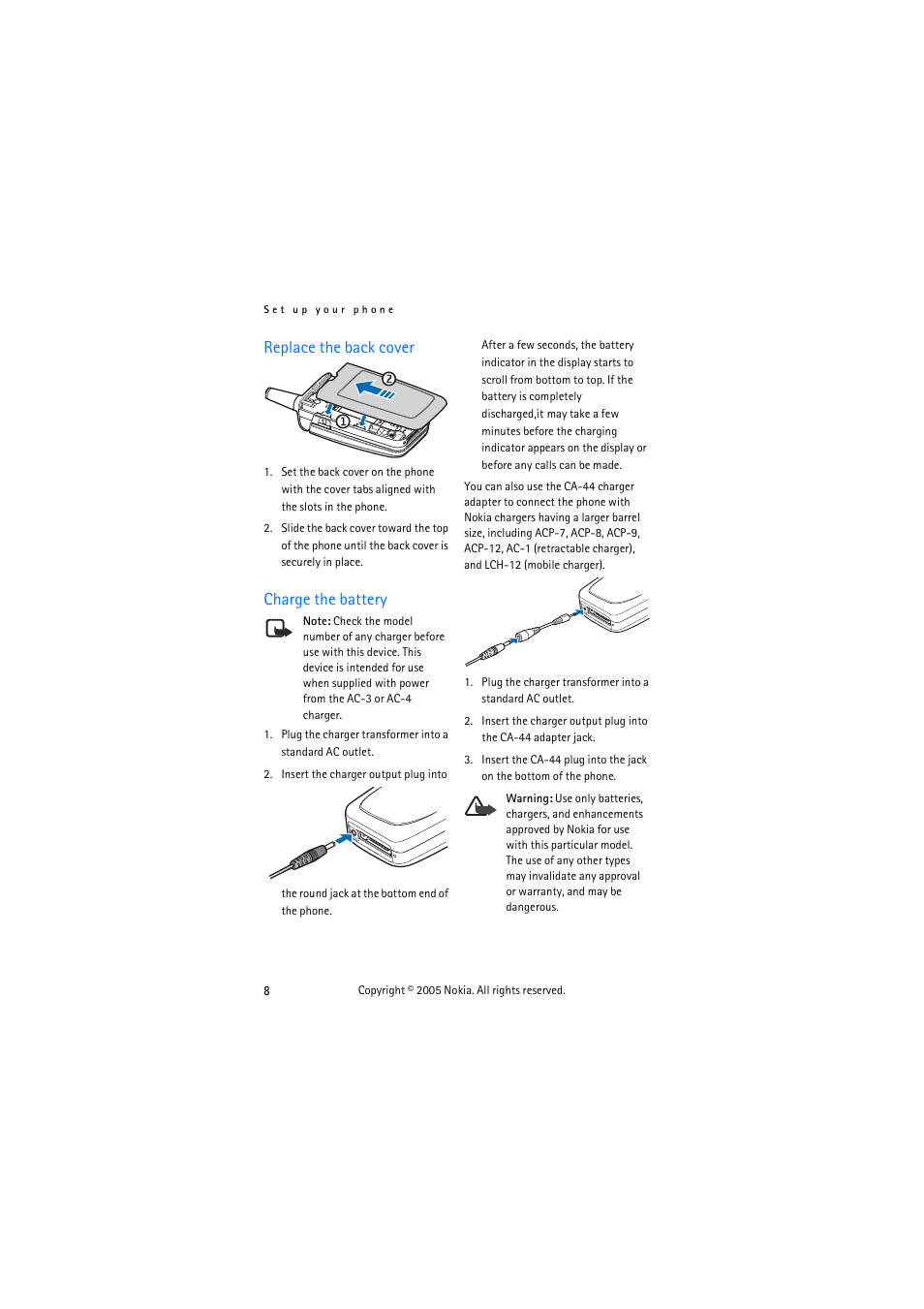 Replace the back cover, Charge the battery, Replace the back cover charge the battery | Nokia 3155 User Manual | Page 16 / 95