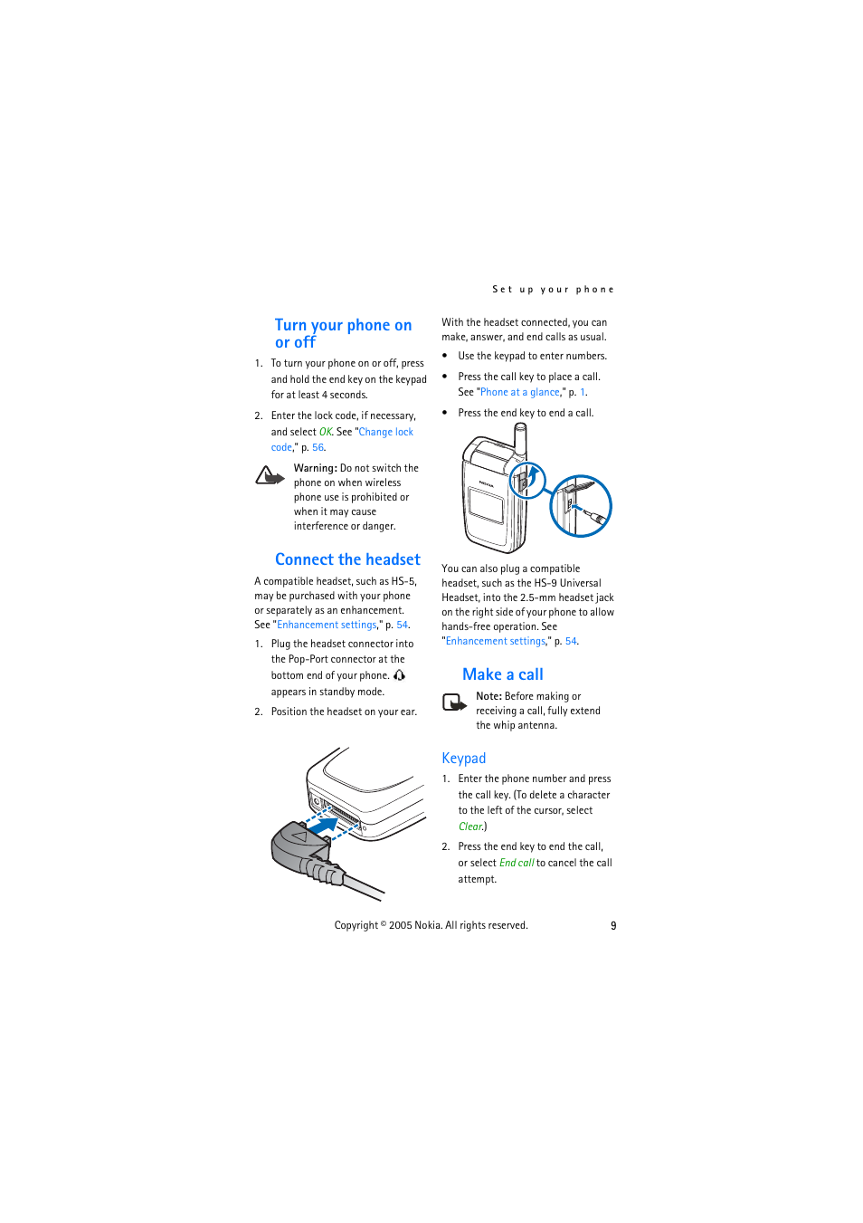 Turn your phone on or off, Connect the headset, Make a call | Keypad | Nokia 3155 User Manual | Page 17 / 95