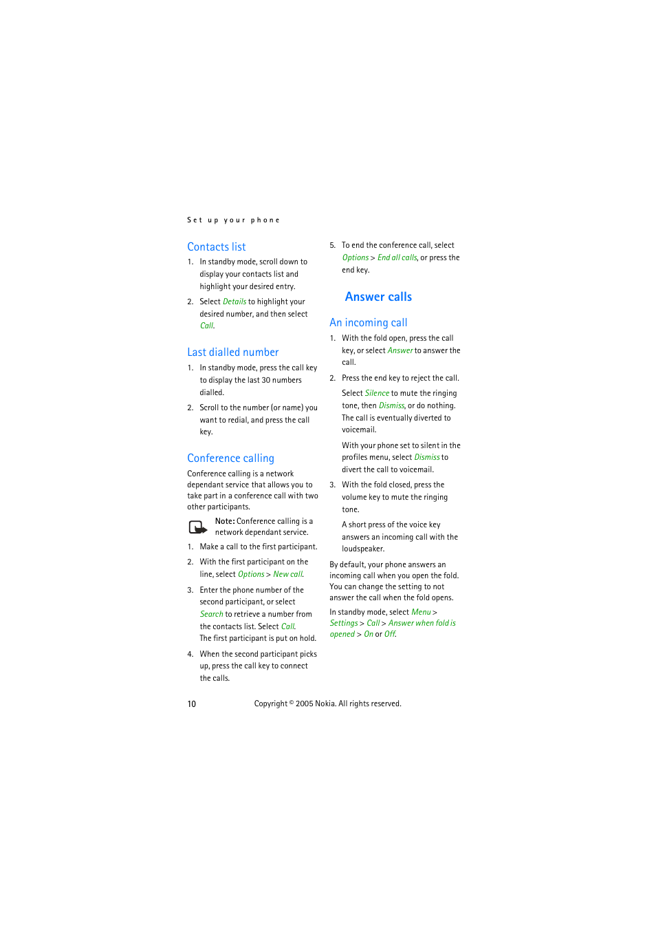 Contacts list, Last dialled number, Conference calling | Answer calls, An incoming call | Nokia 3155 User Manual | Page 18 / 95