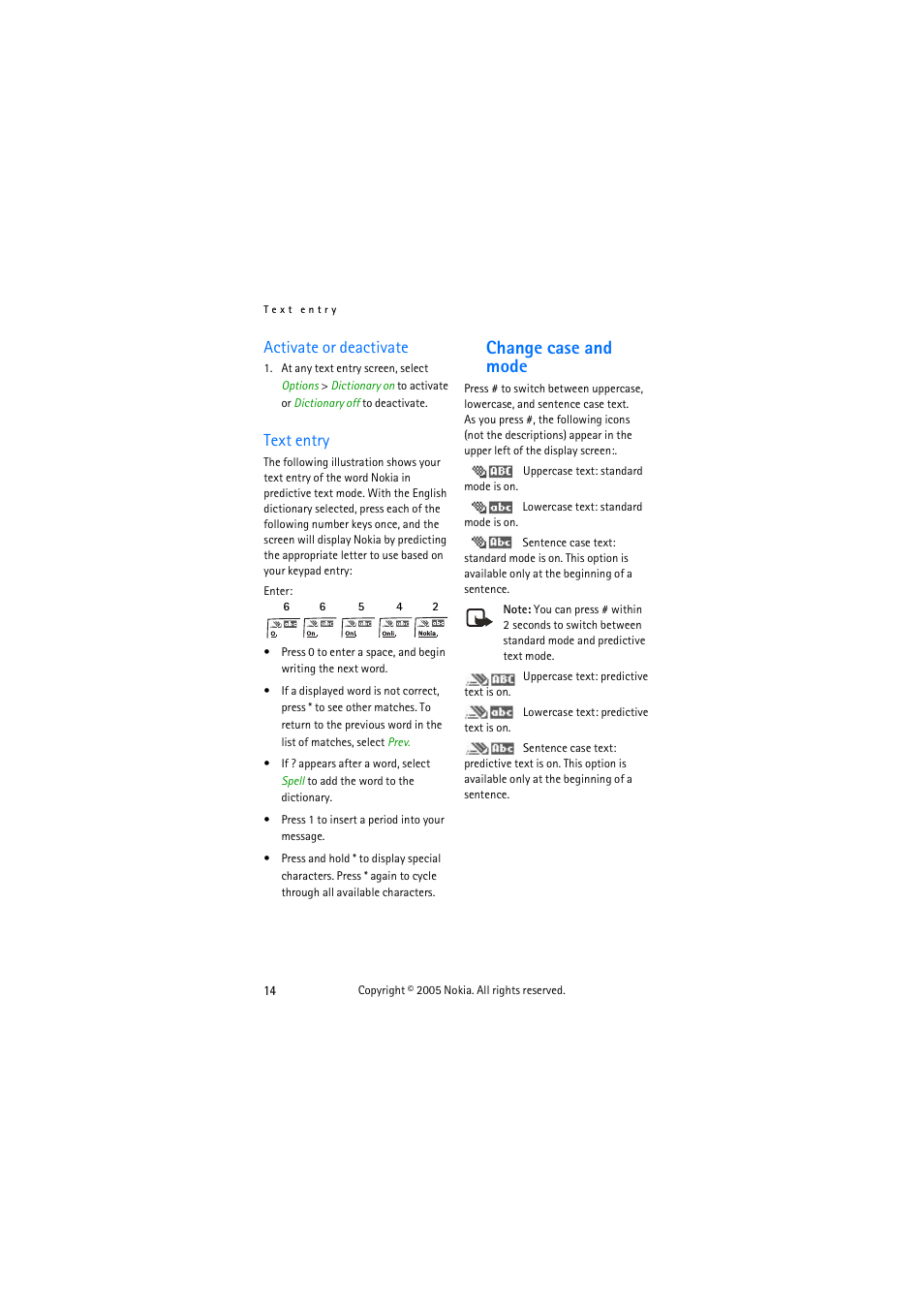 Activate or deactivate, Text entry, Change case and mode | Activate or deactivate text entry | Nokia 3155 User Manual | Page 22 / 95