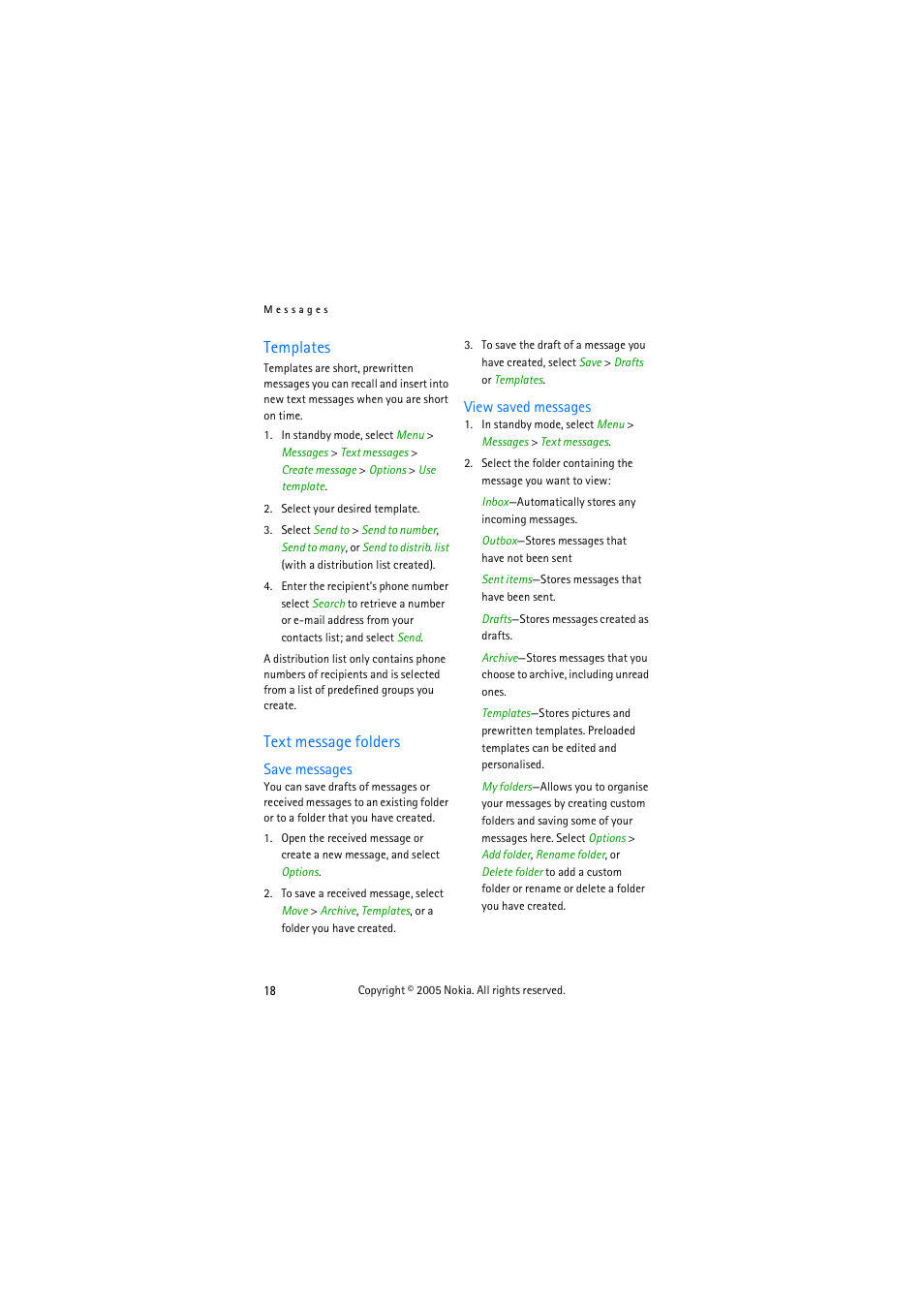 Templates, Text message folders, Templates text message folders | View saved messages | Nokia 3155 User Manual | Page 26 / 95