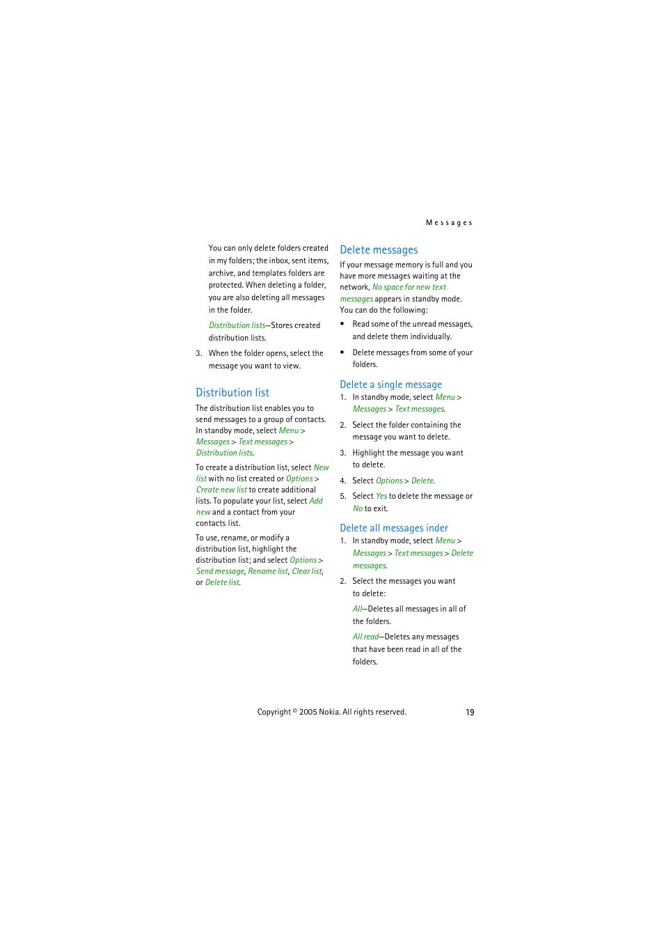 Distribution list, Delete messages, Distribution list delete messages | Nokia 3155 User Manual | Page 27 / 95