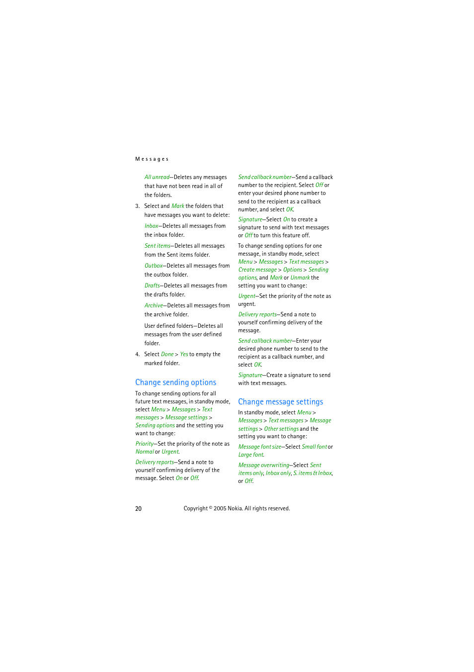 Change sending options, Change message settings, Change sending options change message settings | Change sending, Options | Nokia 3155 User Manual | Page 28 / 95