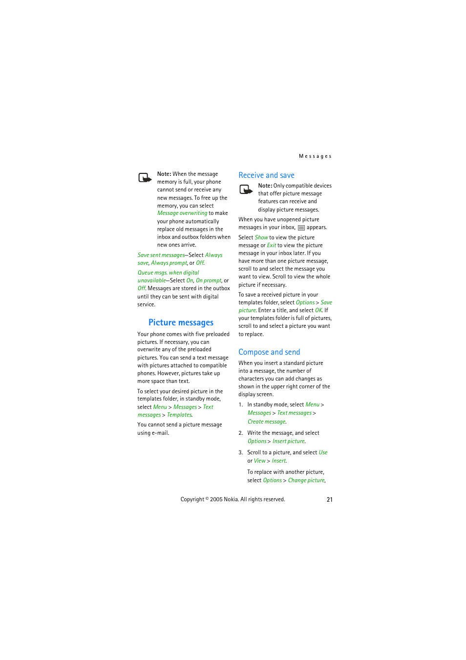 Picture messages, Receive and save, Compose and send | Receive and save compose and send | Nokia 3155 User Manual | Page 29 / 95