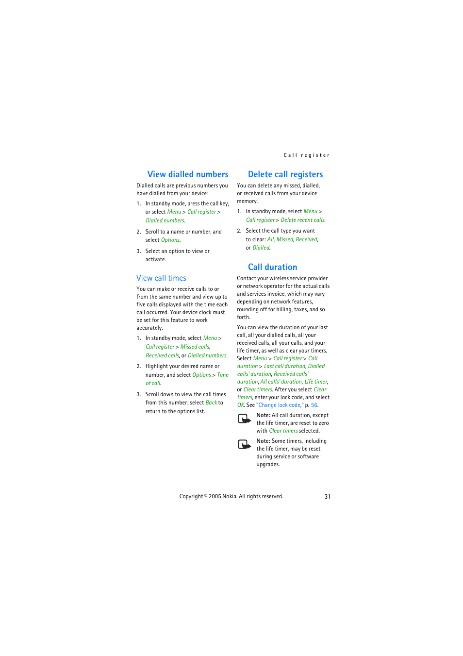 View dialled numbers, View call times, Deleting call registers | Call duration, Delete call registers call duration, Delete call registers | Nokia 3155 User Manual | Page 39 / 95