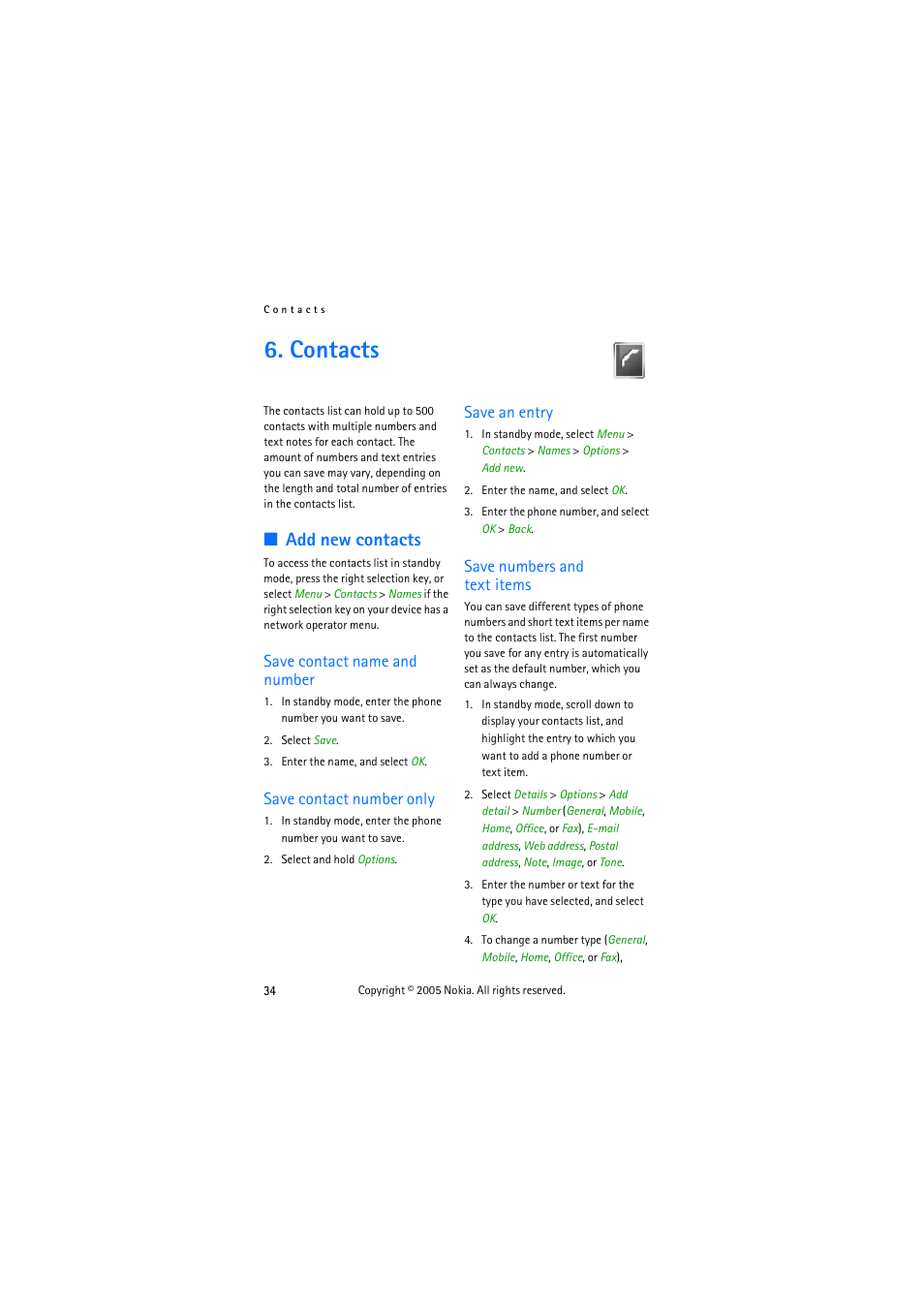 Contacts, Add new contacts, Save contact name and number | Save contact number only, Save an entry, Save numbers and textitems, Save numbers and text items | Nokia 3155 User Manual | Page 42 / 95