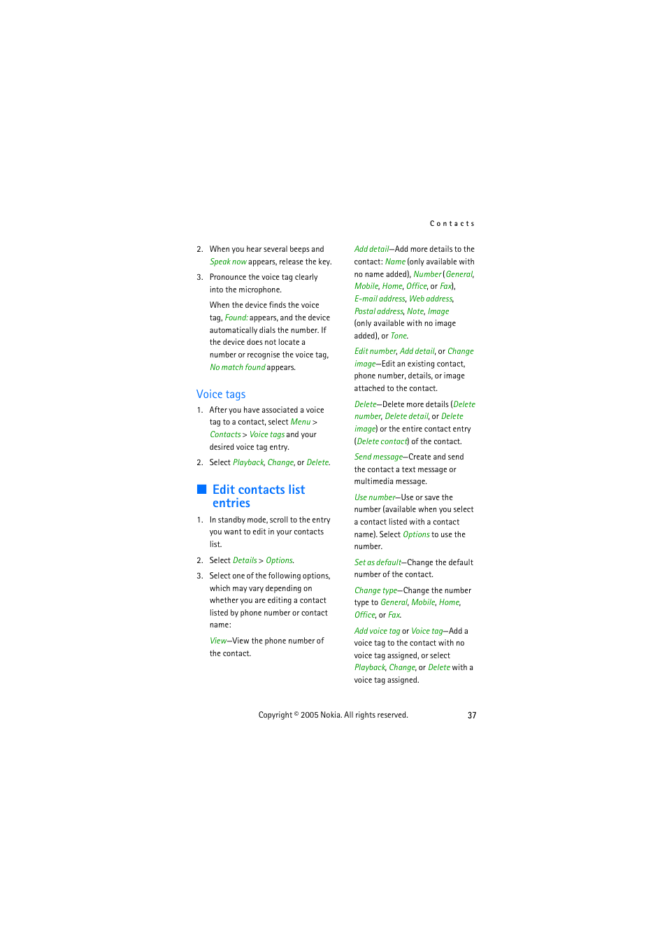 Voice tags, Edit contacts list entries | Nokia 3155 User Manual | Page 45 / 95