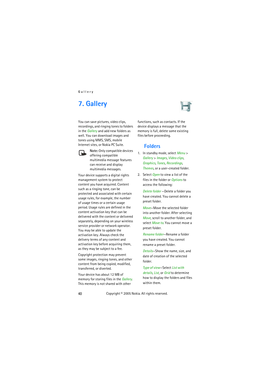 Gallery, Folders | Nokia 3155 User Manual | Page 48 / 95