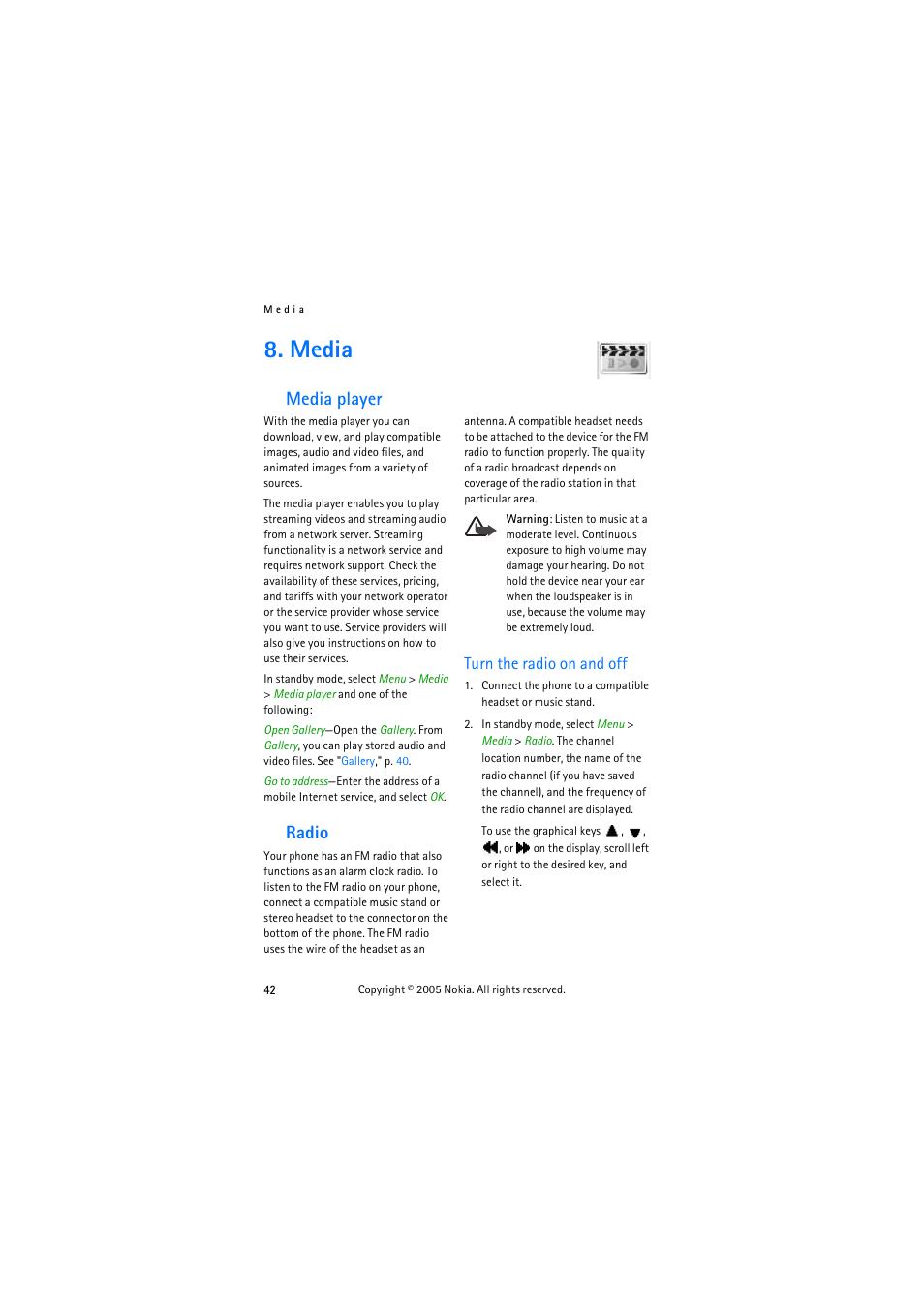 Media, Media player, Radio | Turn the radio on and off, Media player radio | Nokia 3155 User Manual | Page 50 / 95