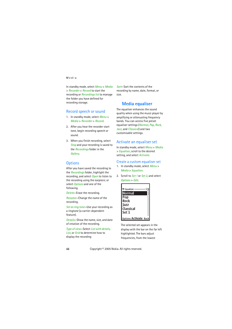 Record speech or sound, Options, Media equaliser | Activate an equaliser set, Record speech or sound options | Nokia 3155 User Manual | Page 52 / 95