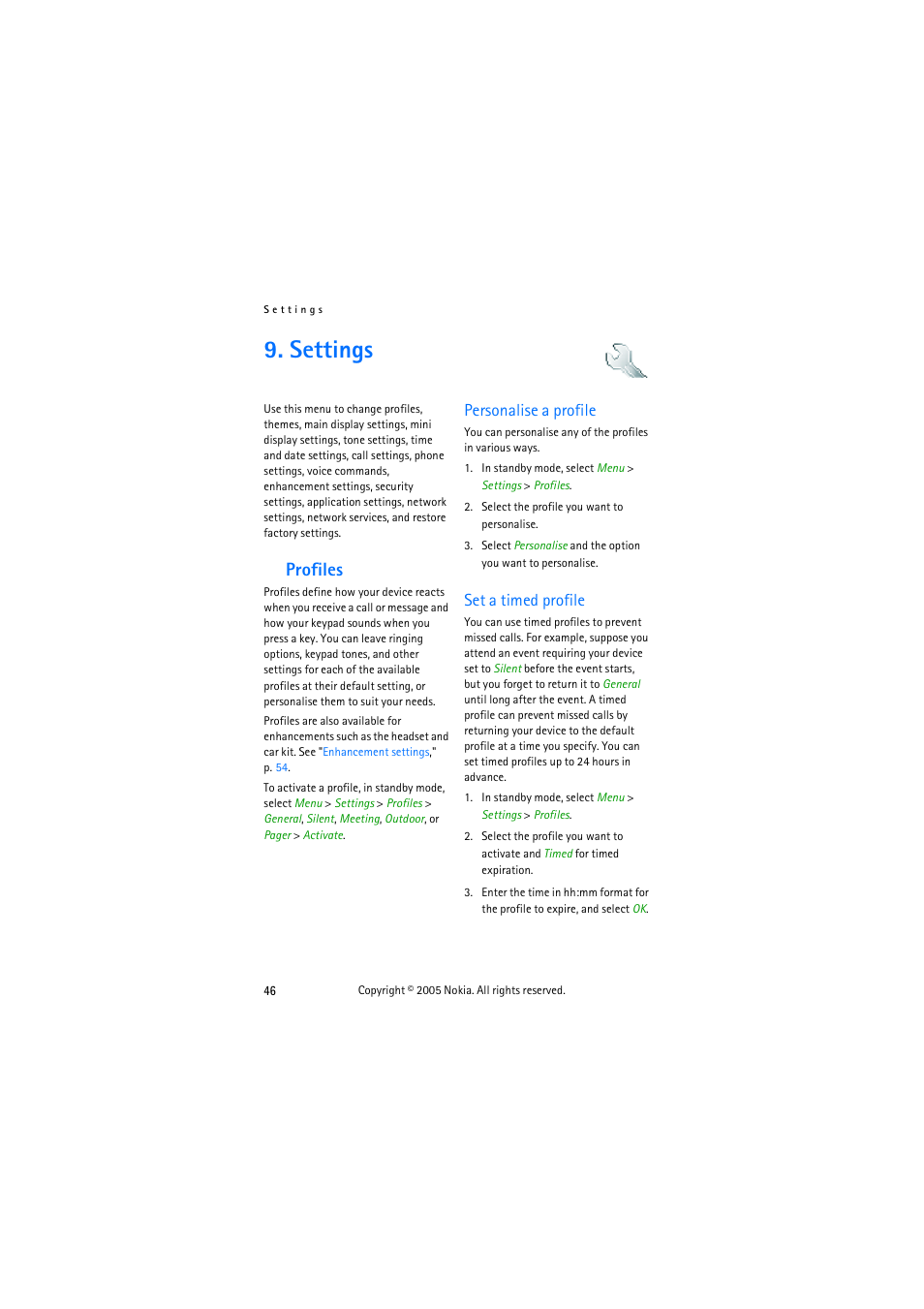 Settings, Profiles, Personalise a profile | Set a timed profile, Personalise a profile set a timed profile | Nokia 3155 User Manual | Page 54 / 95